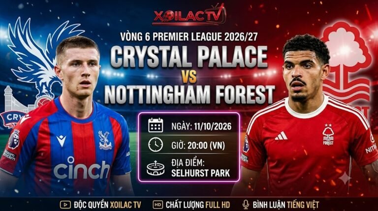 Nhận định soi kèo Crystal Palace vs Nottingham Forest 20h00 ngày 11/10 vòng 6 Ngoại hạng Anh 2026/27 chi tiết trên Xoilac TV.